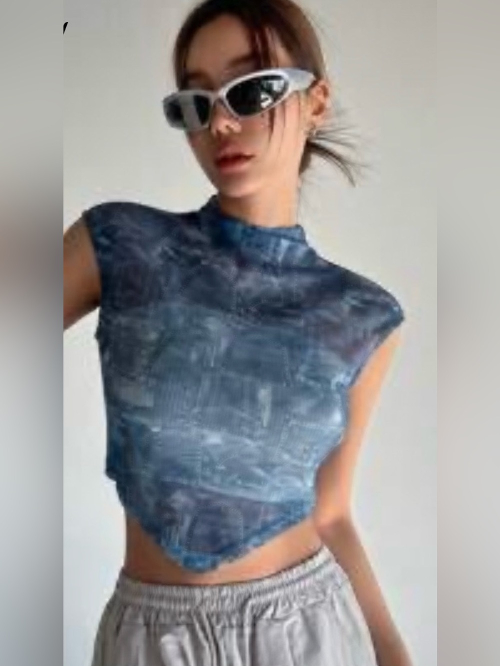Sleeveless Sheer Denim-Print Crop Top in Faded Blue sm